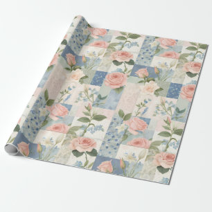 Zachte delicate bloemen roze en blauwe patchwork cadeaupapier