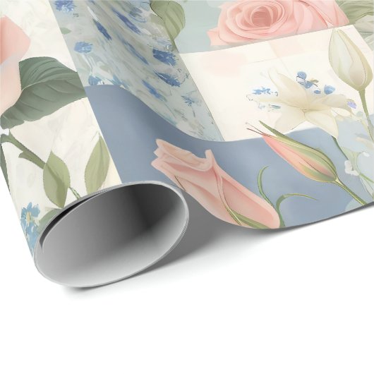 Zachte delicate bloemen roze en blauwe patchwork cadeaupapier (Rol Hoek)