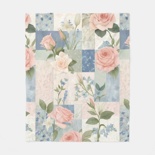 Zachte delicate bloemen roze en blauwe patchwork fleece deken (Voorkant)