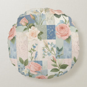 Zachte delicate bloemen roze en blauwe patchwork rond kussen