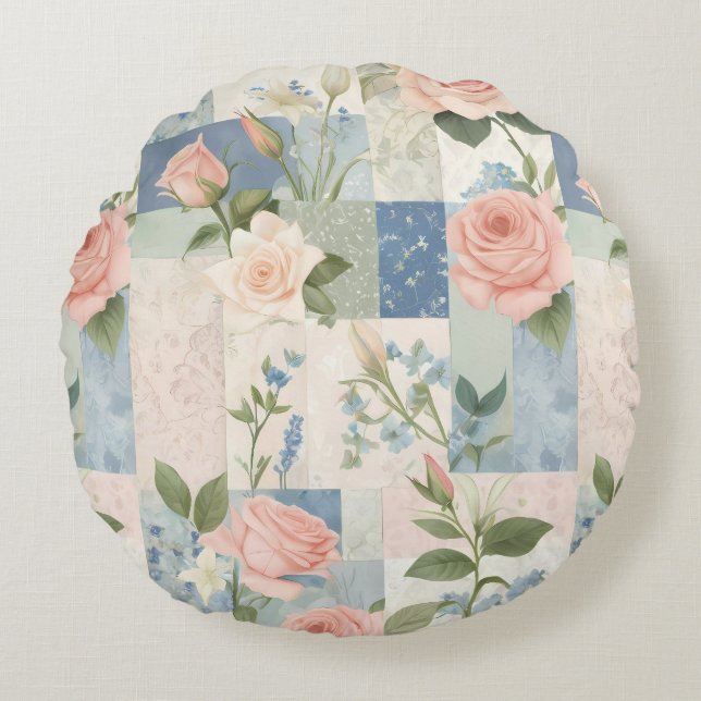 Zachte delicate bloemen roze en blauwe patchwork rond kussen (Voorkant)