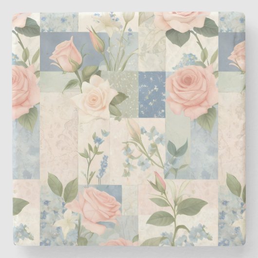 Zachte delicate bloemen roze en blauwe patchwork stenen onderzetter (Voorkant)