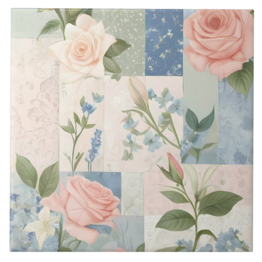 Zachte delicate bloemen roze en blauwe patchwork tegeltje (Voorkant)