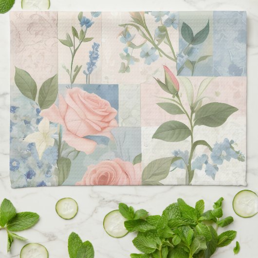 Zachte delicate bloemen roze en blauwe patchwork theedoek (Gevouwen)