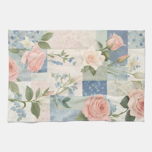 Zachte delicate bloemen roze en blauwe patchwork theedoek (Horizontaal)