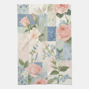 Zachte delicate bloemen roze en blauwe patchwork theedoek