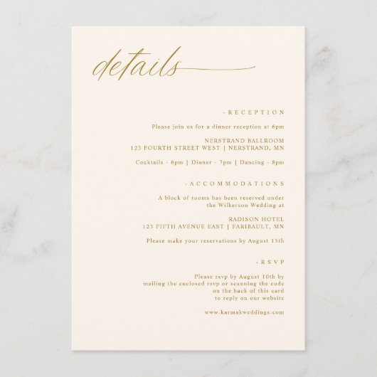 Zachte Delicate Romantische Gouden Crème Bruiloft Informatiekaartje (Voorkant)