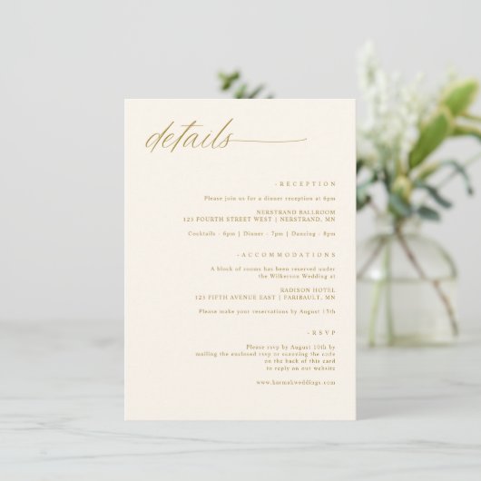 Zachte Delicate Romantische Gouden Crème Bruiloft Informatiekaartje (Staand voorkant)