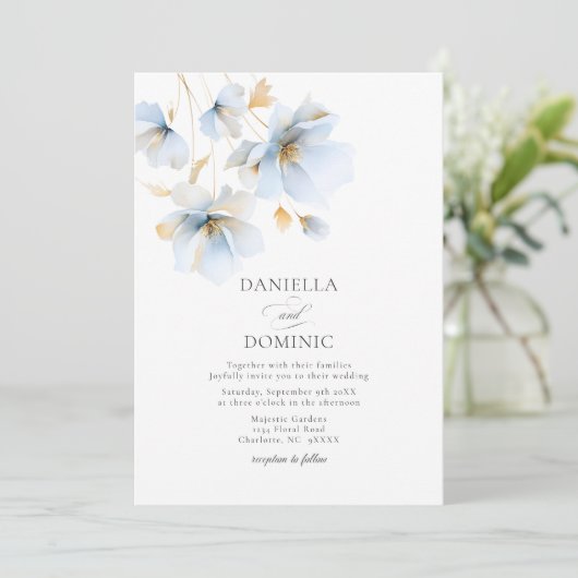 Zachte Delicate Stoffig Blauw Goud Wildbloemen Bru Kaart (Staand voorkant)