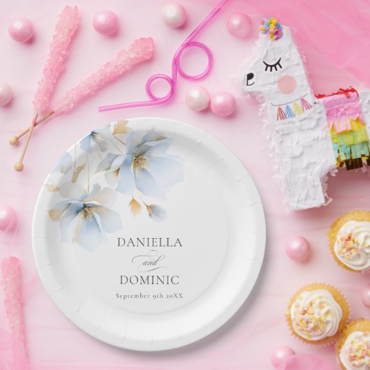 Zachte Delicate Stoffig Blauw Goud Wildbloemen Bru Papieren Bordje (Feest)