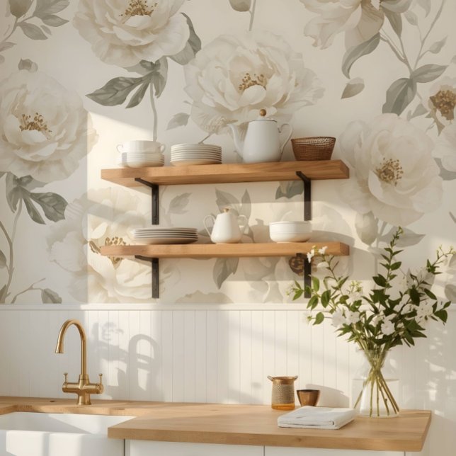 Zachte Delicate Witte Camelia Bloempatroon Behang (Creator heeft geüpload)
