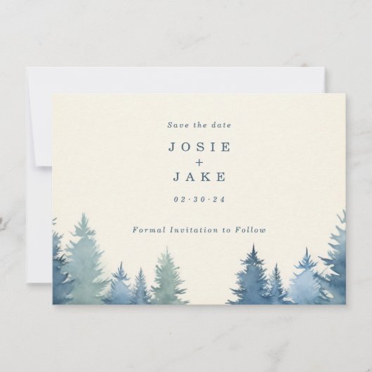 Zachte dennenbomen redden de datum save the date (Voorkant)