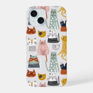 Zachte Doodle Hand Getekende Kattenpatroon iPhone 15 Case
