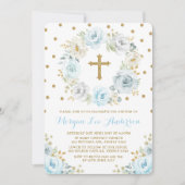 Zachte Dusty Blauw Goud Bloemen Doop Doopsel Kaart (Voorkant)