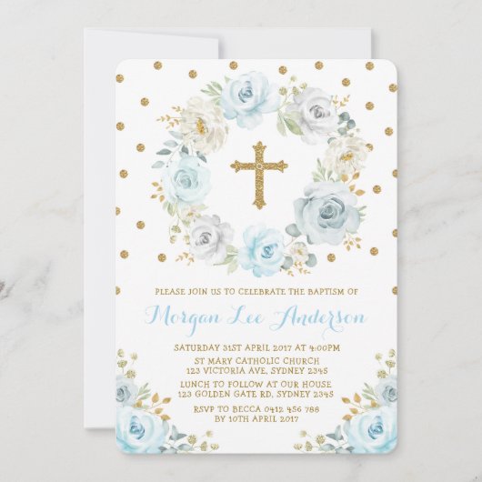 Zachte Dusty Blauw Goud Bloemen Doop Doopsel Kaart (Voorkant)