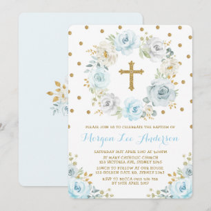 Zachte Dusty Blauw Goud Bloemen Doop Doopsel Kaart