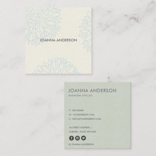 ZACHTE ELEGANTE MINIMALE AQUA BLUE FLORAL GEPERSON VIERKANTE VISITEKAARTJE (Voorkant / Achterkant)