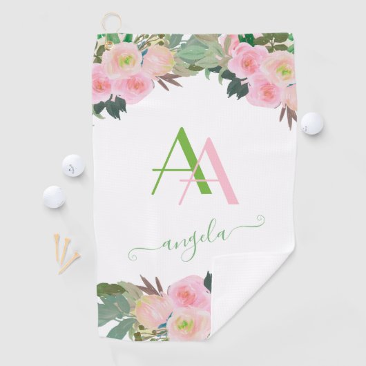 Zachte Elegante Roze Bloemen Custom Monogram Golfhanddoek (Insitu)