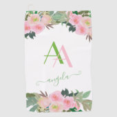 Zachte Elegante Roze Bloemen Custom Monogram Golfhanddoek (Voorkant)