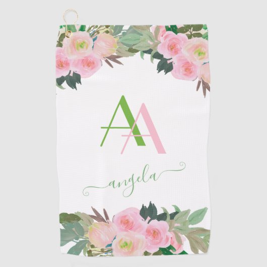 Zachte Elegante Roze Bloemen Custom Monogram Golfhanddoek (Voorkant)