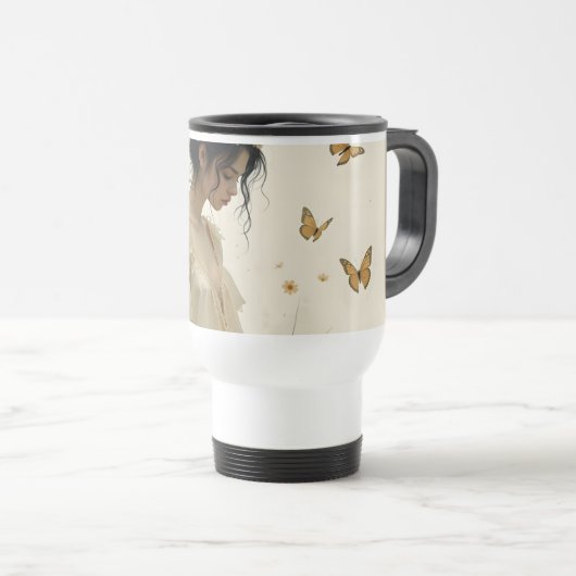 Zachte elegantie in een vlinderdans reisbeker (Voorkant rechts)