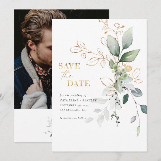 Zachte Eucalyptus met Gouden Foto Save The Date (Voorkant / Achterkant)