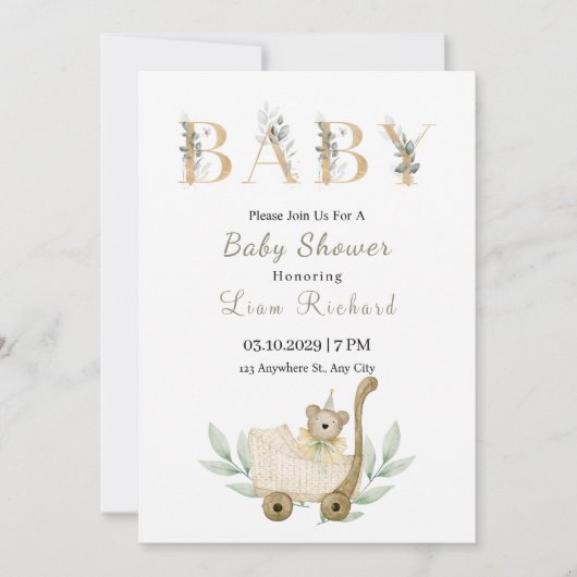 Zachte eucalyptus verlaat Baby shower uitnodiging (Voorkant)