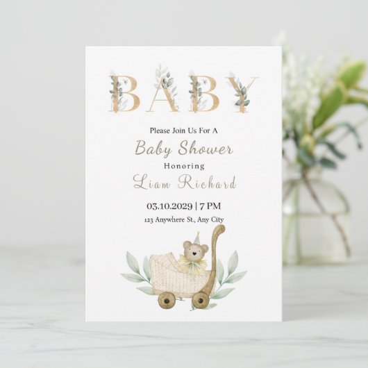Zachte eucalyptus verlaat Baby shower uitnodiging (Staand voorkant)