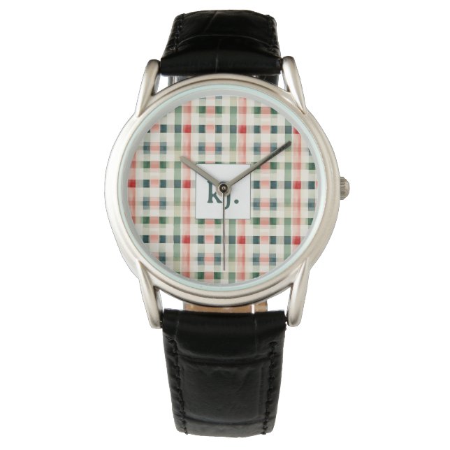 Zachte Evergreen Gingham Monogram Horloge (Voorkant)