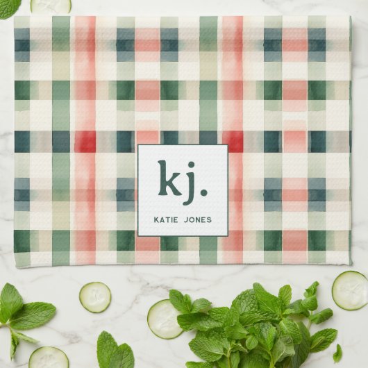 Zachte Evergreen Gingham Monogram Keukendoek Theedoek (Gevouwen)
