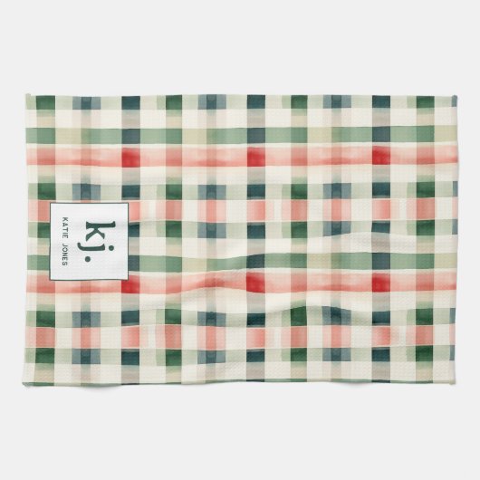 Zachte Evergreen Gingham Monogram Keukendoek Theedoek (Horizontaal)