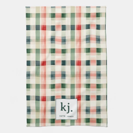 Zachte Evergreen Gingham Monogram Keukendoek Theedoek (Verticaal)