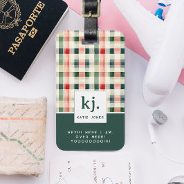 Zachte Evergroene Gingham Monogram Bagagelabel