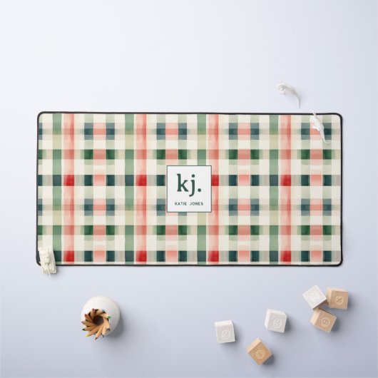 Zachte Evergroene Gingham Monogram Bureaumat (Kindertafel)