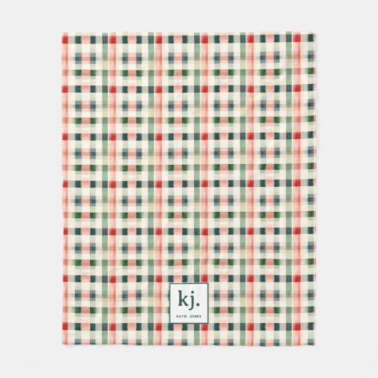 Zachte Evergroene Gingham Monogram Fleece Deken (Voorkant)