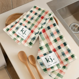 Zachte Evergroene Gingham Monogram Keukendoek Theedoek