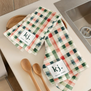 Zachte Evergroene Gingham Monogram Keukendoek Theedoek