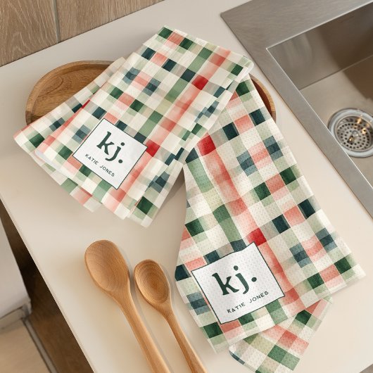 Zachte Evergroene Gingham Monogram Keukendoek Theedoek