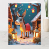 Zachte ezel in de besneeuwde kerststal kaart (Voorkant)