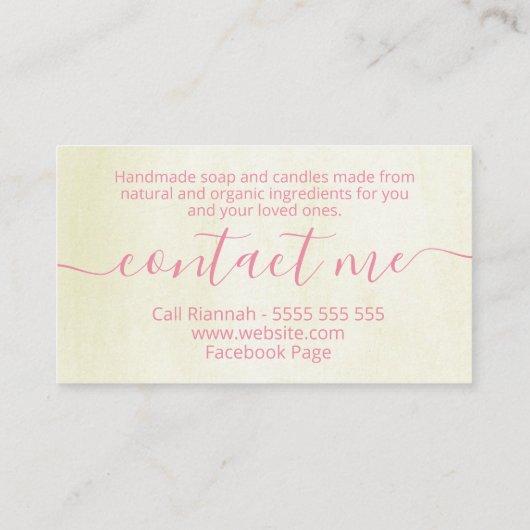 Zachte Floral beige handgemaakte zeep en kaarsen Visitekaartje (Achterkant)