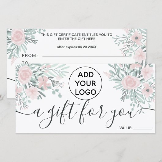 Zachte florale waterverf roze logo gift certificaa (Voorkant / Achterkant)