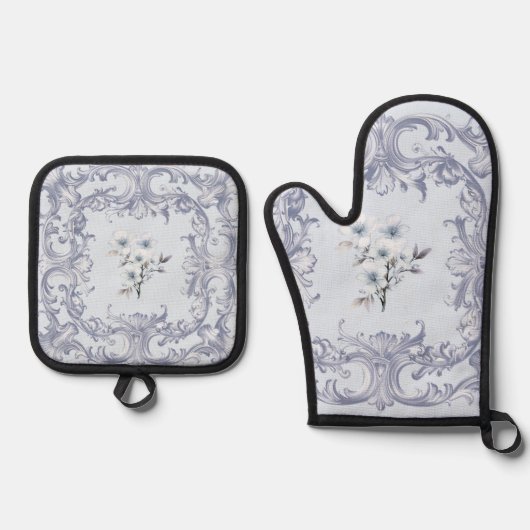 Zachte Franse blauwe rollen met bloemen Ovenwant & Pannenlap Set (Voorkant)