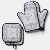 Zachte Franse blauwe rollen met bloemen Ovenwant & Pannenlap Set (Voorkant / Achterkant)