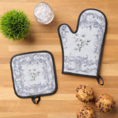Zachte Franse blauwe rollen met bloemen Ovenwant & Pannenlap Set (Top down)