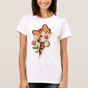 Zachte Geborduurde Kat T-shirt