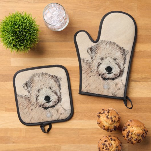 Zachte gecoate Wheaten Terrier schilderij Originel Ovenwant & Pannenlap Set (Top down)