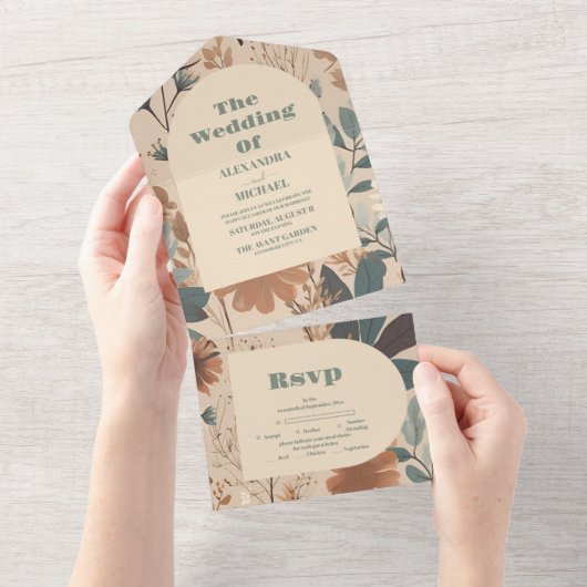 Zachte gedempte aardetinten Wildbloemen Bruiloft All In One Uitnodiging (Afscheurbaar)