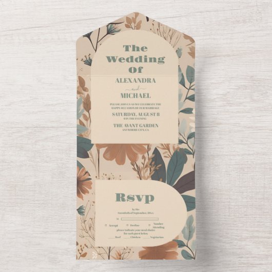 Zachte gedempte aardetinten Wildbloemen Bruiloft All In One Uitnodiging (Binnen)