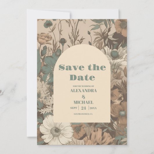 Zachte gedempte aardetinten Wildbloemen Bruiloft Save The Date (Voorkant)