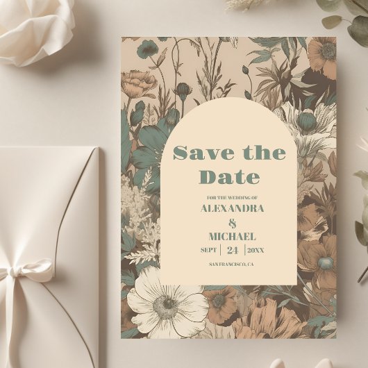 Zachte gedempte aardetinten Wildbloemen Bruiloft Save The Date